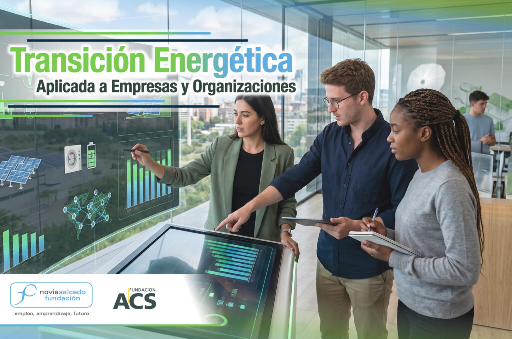 Curso Transición energética aplicada en las empresas y organizaciones. Curso de Fundación Novia Salcedo en colaboración con Fundación ACS. Imagen conceptual generada con IA.