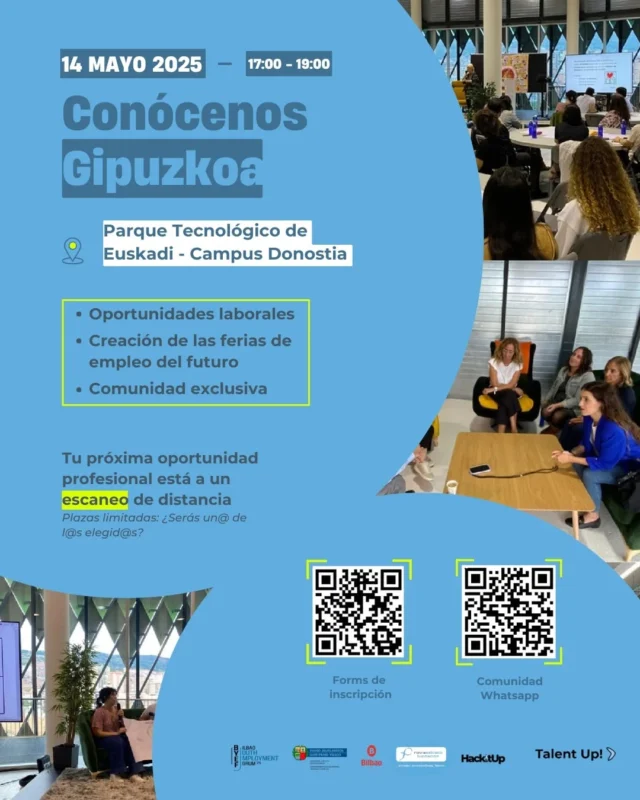 🚀 Queda menos para Talent UP! Gipuzkoa.

El 14 de mayo tienes la oportunidad de conectar con empresas, descubrir nuevas oportunidades laborales y formar parte de una comunidad profesional en crecimiento.

Prepárate para:

- Conectar con empresas.
- Integrarte en la comunidad profesional de la Fundación Novia Salcedo.
- Networking.
- Dinámicas interactivas sobre las personas jóvenes y el mundo laboral.
- Oportunidades para intraemprender y poder encontrar la empresa ideal para tu crecimiento profesional.
- Participar en el Hackathon 2025 del BYEF.

📅 14 de mayo | 17:00-19:00
📍 Parque Tecnológico de Euskadi - Campus Donostia
🎟️ Plazas limitadas – Los perfiles que mejor encajen

Organizado con el apoyo de @bilbao_udala y el @ekonomiaejgv.

👉 Inscríbete a través del enlace en nuestro perfil.

---

🚀 Talent UP! Gipuzkoa gero eta gertuago dago!

Maiatzaren 14an aukera paregabea izango duzu enpresekin konektatzeko, lan-aukerak ezagutzeko eta hazten ari den komunitate profesional baten parte izateko.

Prest egon honetarako:

- Enpresekin konektatzea.
- Novia Salcedo Fundazioaren komunitate profesionalean integratzea.
- Networking saioak.
- Gazteak eta lan mundua ardatz dituzten dinamika interaktiboak.
- Intraekintzailetza aukerak eta zure hazkunderako enpresa aproposa aurkitzeko aukera.
- BYEF 2025 Hackathonean parte hartzea.

📅 Maiatzaren 14a | 17:00–19:00
📍 Euskadiko Parke Teknologikoa – Donostiako Campusa
🎟️ Plaza mugatuak – egokienak hautatuko dira

@bilbao_udala eta @ekonomiaejgv babesarekin. 

👉 Eman izena gure profileko estekaren bidez.

#TalentUpGipuzkoa #HackItUp #Oportunidades #EmpleoJuvenil #BYEF2025