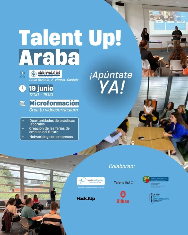 🎯 Continuamos recorriendo el camino hacia el BYEF.

Este jueves 19 de junio, Talent UP! Araba te ofrece una experiencia única para impulsar tu carrera con el apoyo de @bilbao_udala y @ekonomiaejgv.

Conecta con empresas, descubre nuevas oportunidades laborales y forma parte de una comunidad joven, activa y comprometida con el cambio.

¿Qué te espera?

- Contacto directo con empresas del territorio.
- Integración en la comunidad profesional de la Fundación Novia Salcedo.
- Espacios de networking.
- Dinámicas interactivas sobre juventud y empleo.
- Participación en una microformación sobre cómo crear tu videocurrículum si eres joven en búsqueda activa, o una vídeo oferta si representas a una empresa.

📅 19 de junio | 17:00–19:00

📍 Colegio de Ingenieros Industriales de Araba – Vitoria-Gasteiz (Calle Bizkaia, 4)

👉 Apúntate a través del enlace en nuestro perfil.

---

🎯 BYEFerako bidea egiten jarraitzen dugu.

Ekainare 19an, Talent UP! Araba ekitaldiak zure ibilbidea bultzatzeko esperientzia bakarra eskaintzen dizu Bilbao Udala - Ayuntamiento eta Ekonomia, Lana eta Enplegua babesarekin.

Enpresekin konektatu, lan-aukerak ezagutu eta aldaketarekin konprometitutako gazte eta profesional aktiboen komunitate baten parte bihurtu.

Zer espero dezakezu?

- Lurraldeko enpresekin harreman zuzena.
- Novia Salcedo Fundazioaren komunitate profesionalean integratzea.
- Networking espazioak.
- Gazteria eta enplegua ardatz dituzten dinamika interaktiboak.
- Mikroprestakuntza batean parte hartzea, bilaketa aktiboan ari zaren gaztea bazara zure bideokurrikuluma sortzeko moduari buruz, edo bideo-eskaintza bat enpresa baten ordezkoa bazara.

📅 Ekainaren 19a 14a | 17:00–19:00

📍 Arabako Industria Ingeniarien Elkargoa – Vitoria-Gasteiz (Bizkaia kalea, 4)

🎟️ Plaza mugatuak – esperientziarekin bat datozen profilak hautatuko dira.

#TalentUpAraba #Formación #Oportunidades #EmpleoJuvenil #BYEF2025